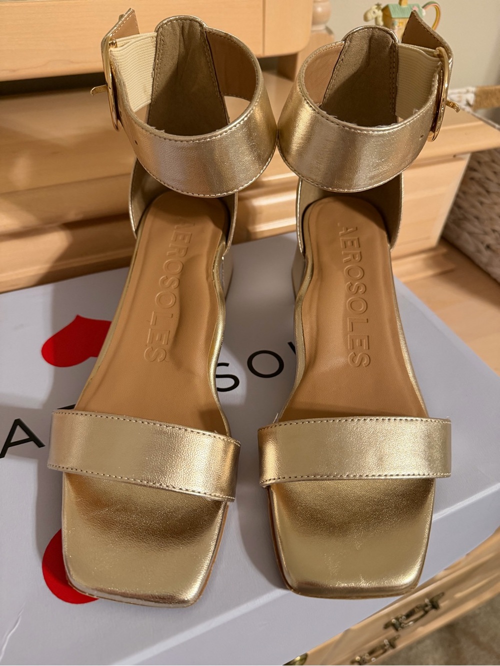 AEROSOLES Metallic Gold Square-Toe Ankle Strap Sandals